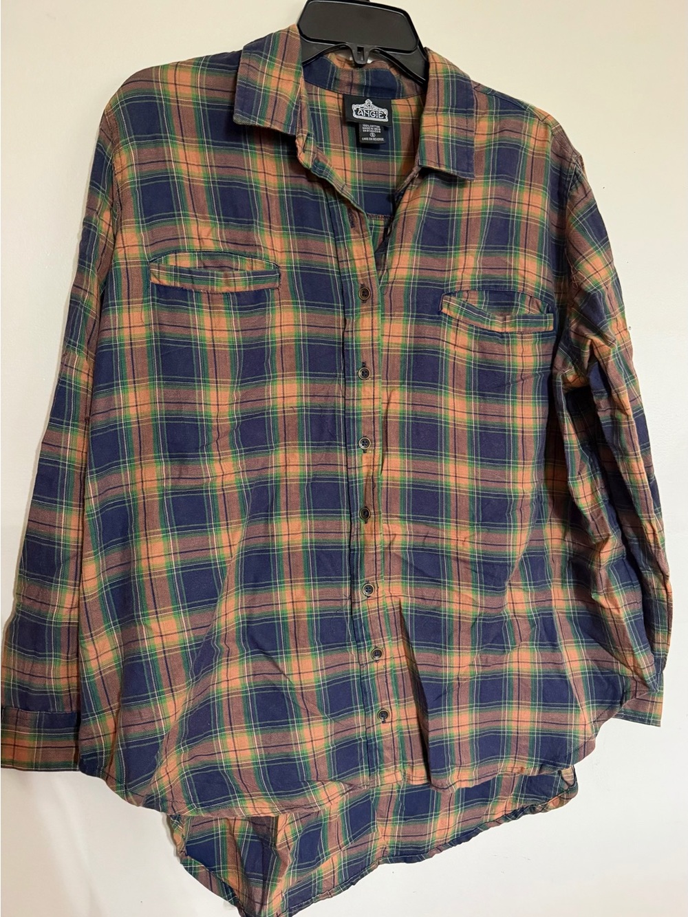 Angie Navy and Orange Plaid Casual Button-Down Shirt